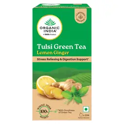 ORGANIC INDIA Lemon Ginger Tulsi Green Tea Bags with Contains Caffeine for Stress Relieving and Refreshing