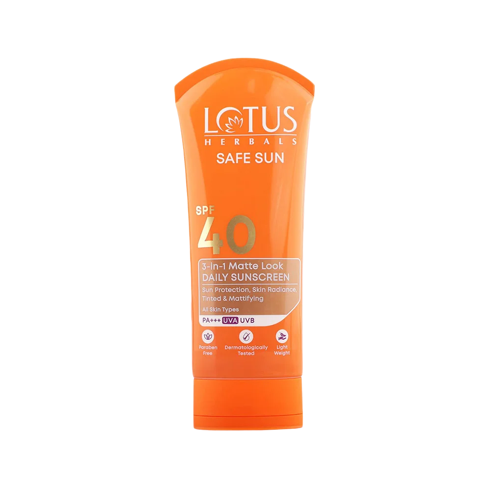 LOTUS HERBALS Safe Sun SPF 40 3in1 Matte Look Daily Sunscreen PA+++ UVA UVB with Sun Protection, Skin Radiance Tinted and Mattifying