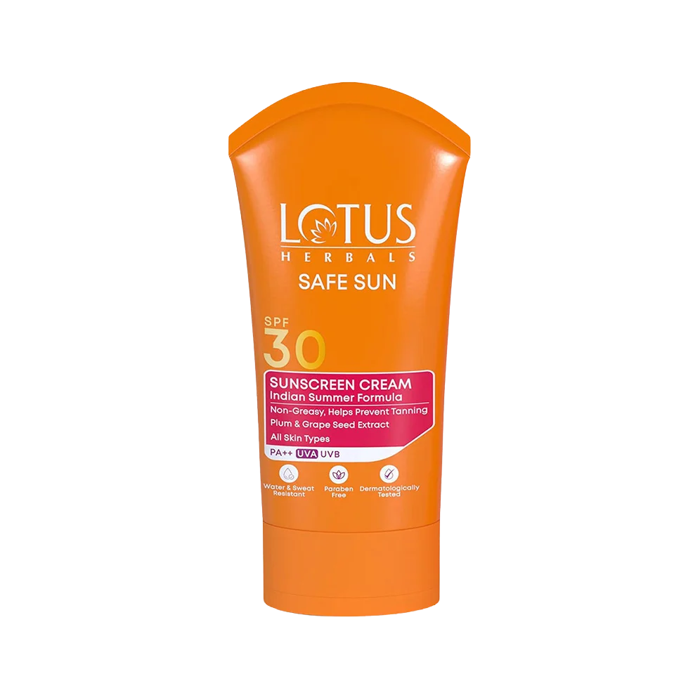 LOTUS HERBALS Safe Sun SPF 30 Sunscreen Cream PA++ UVA UVB with Indian Summer Formula Non Greasy, Helps Prevent Tanning Plum & Grape Seed Extract