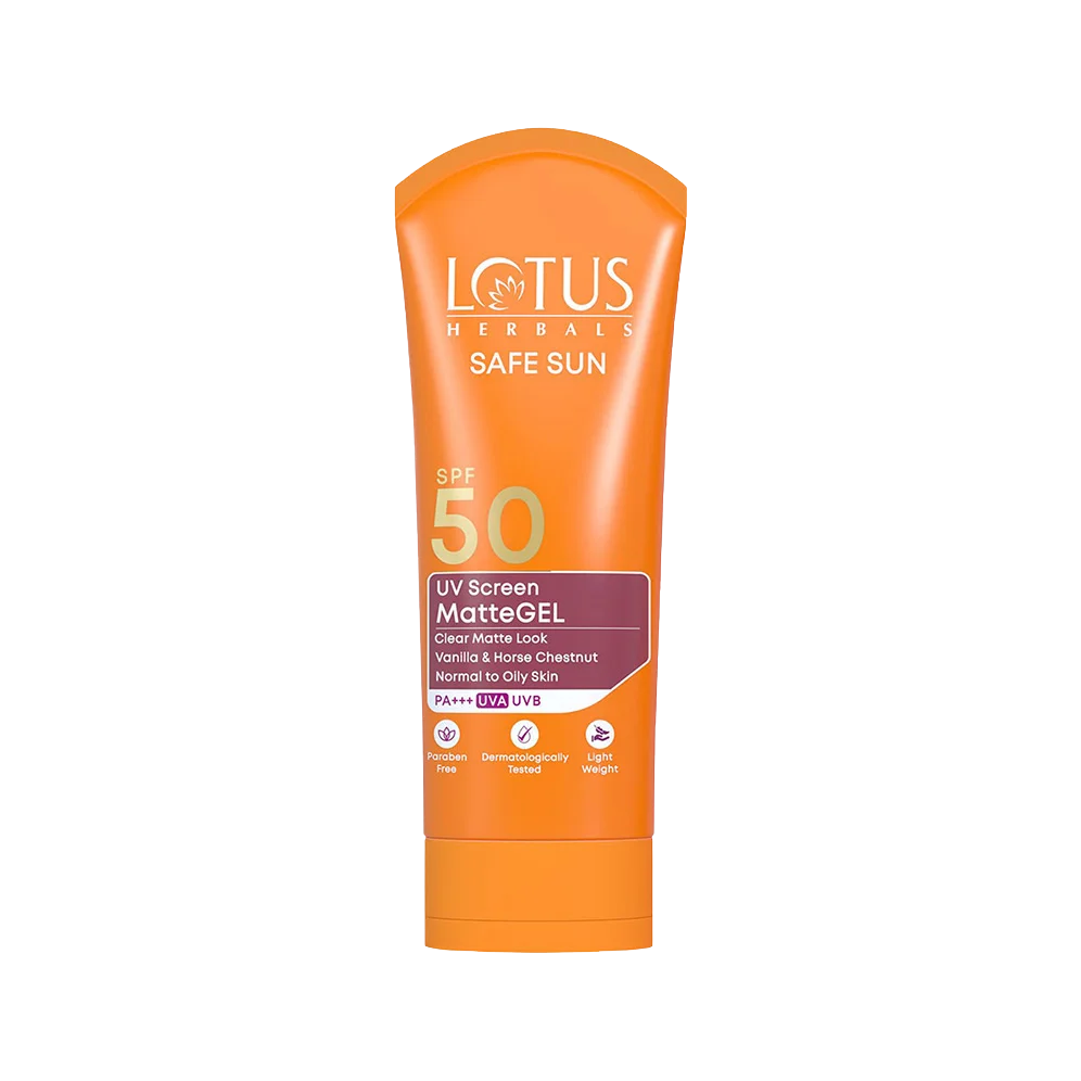 LOTUS HERBALS Safe Sun SPF 50 UV Screen Matte Gel PA+++ UVA UVB for Clear Matte Look Vanilla and Horse Chestnut