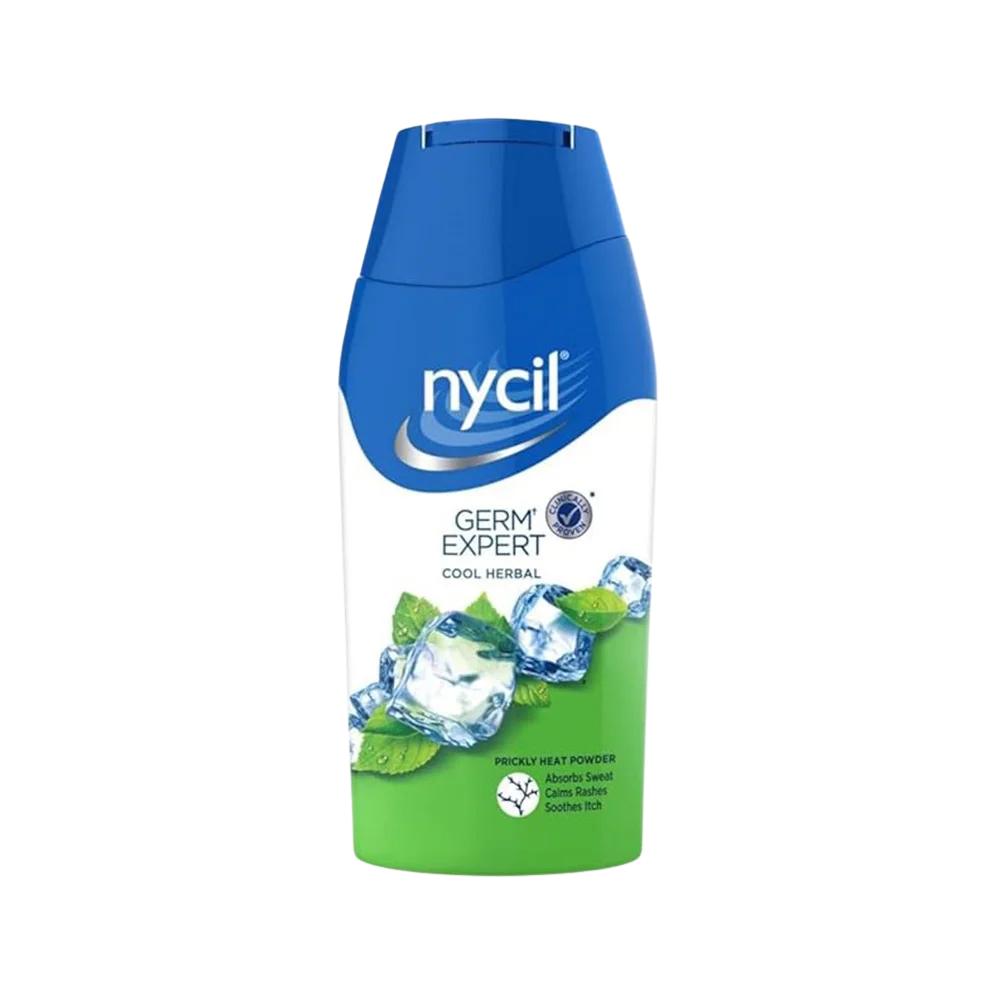 nycil Germ Expert Cool Herbal Prickly Heat Powder for Absorbs Sweat, Calms Rashes and  Soothes Itch