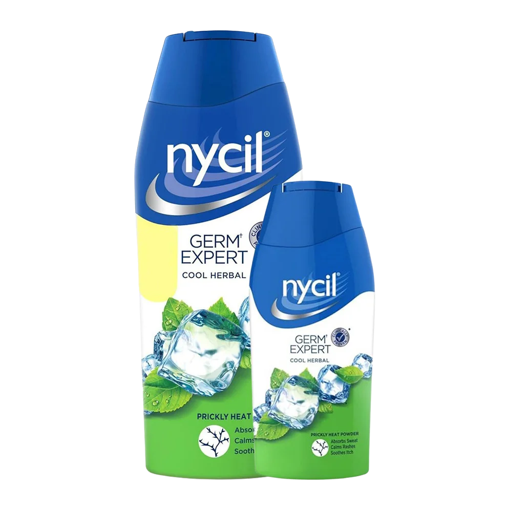 nycil Germ Expert Cool Herbal Prickly Heat Powder for Absorbs Sweat, Calms Rashes and  Soothes Itch